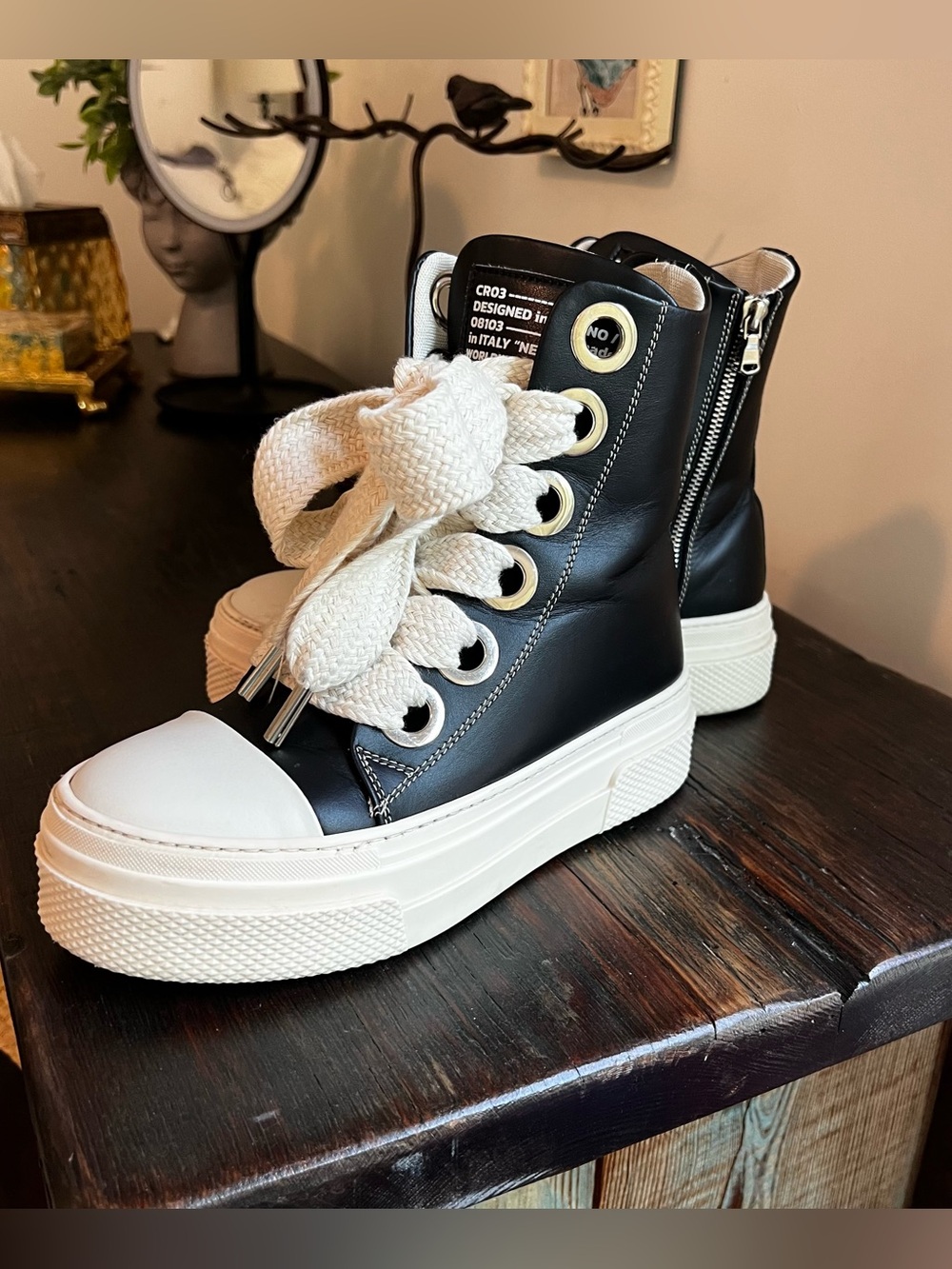 Cristianzerotre Black Leather Platform Lace up Zip up high top sneakers size 7